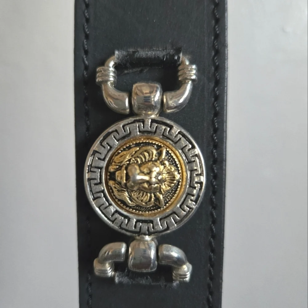 Vintage Black Leather Belt with Gold Medallion Accents